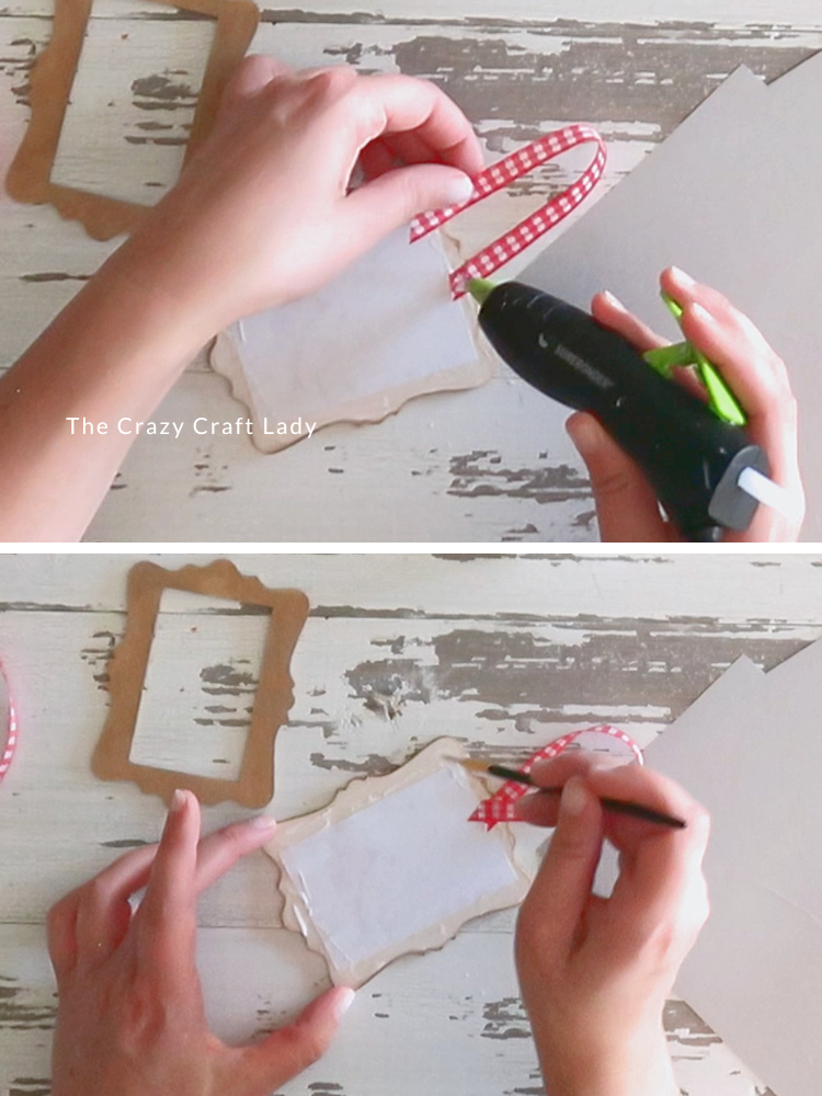 hot glue ribbon hanger and paint glue onto frame back