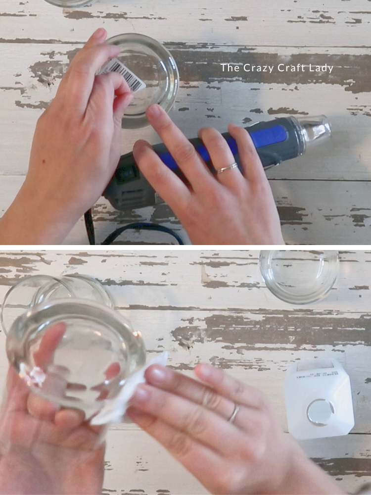 remove label and clean glass candle holder with rubbing alcohol
