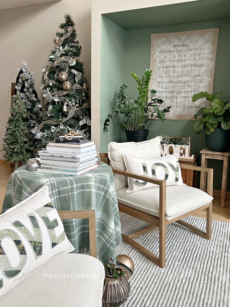 Christmas decor with drop cloth Christmas music wall hanging and reverse applique pillows