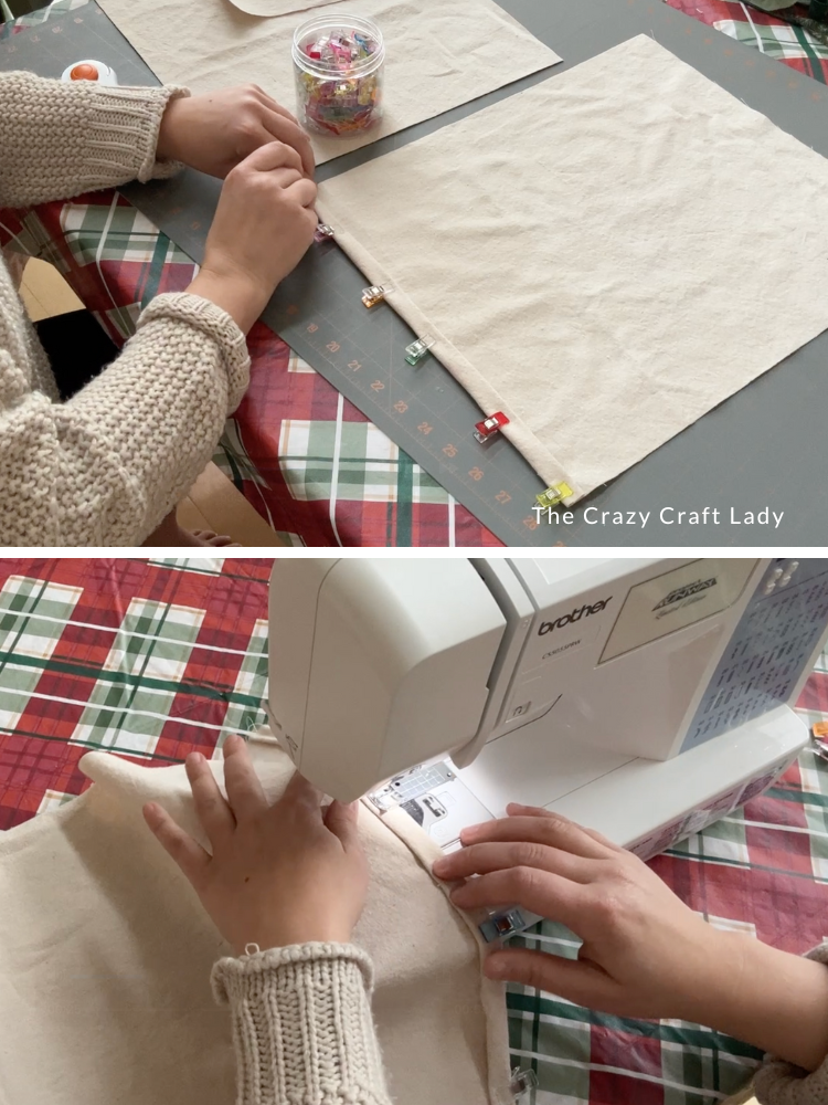 clip and sew seams on two back pillow panels