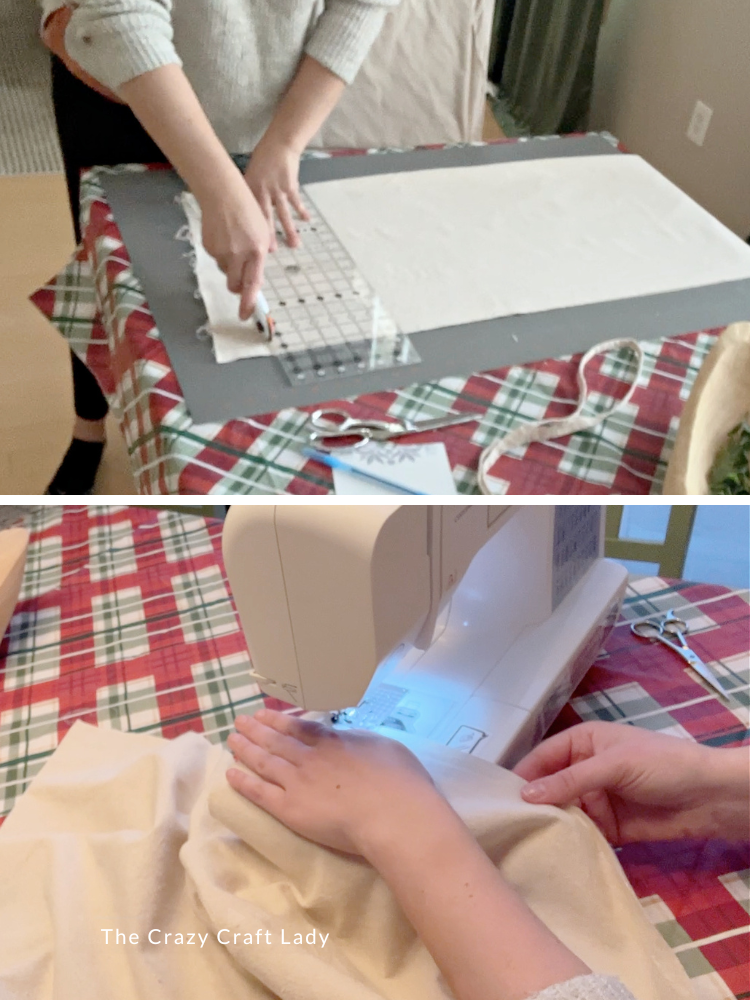 cut drop cloth fabric and sew around the edges