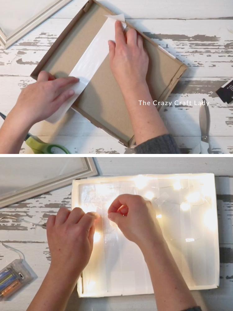 cover shoebox lid with white tape and add fairy lights