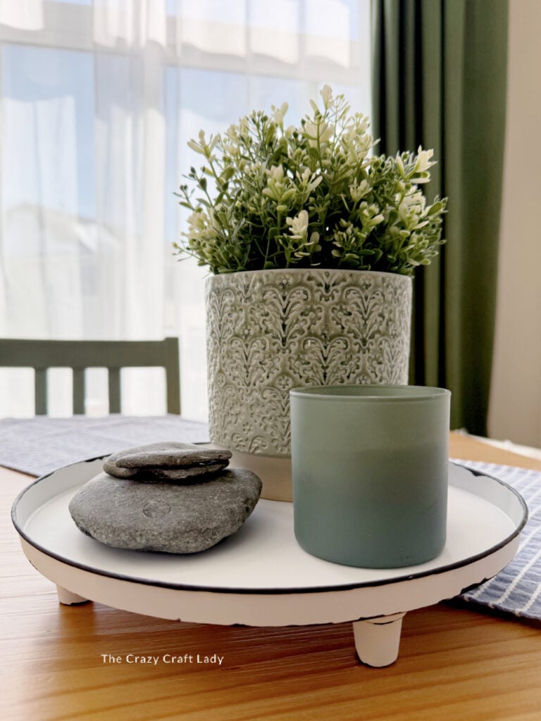 DIY Faux Enamelware Tray with small plant and candle