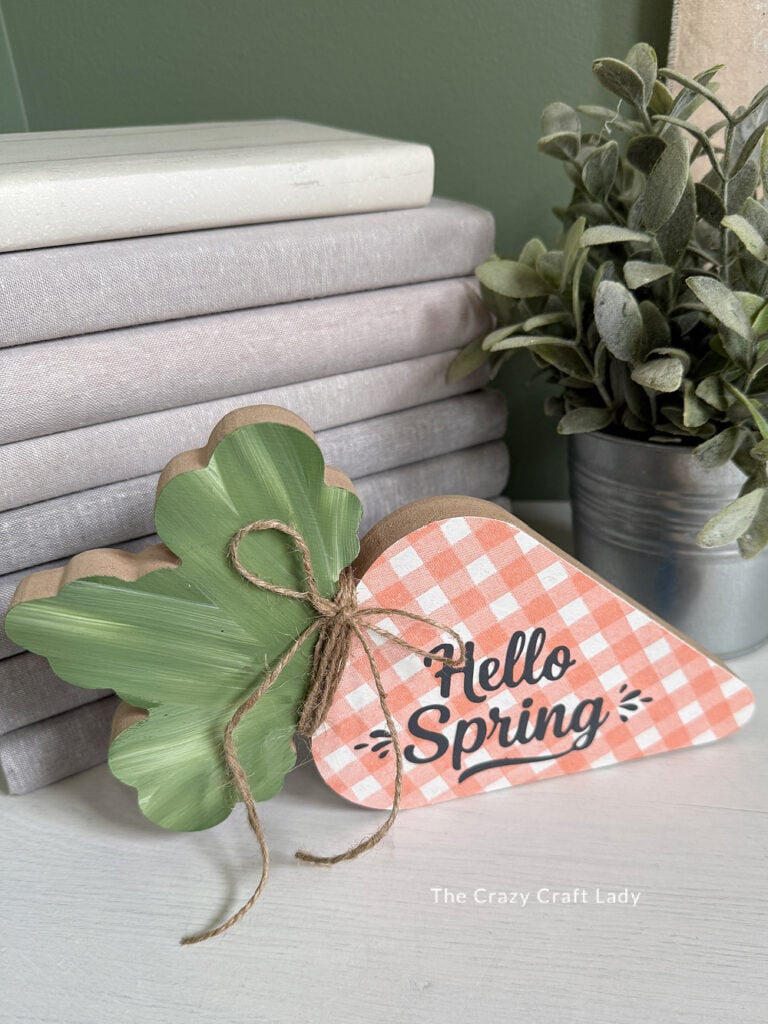 DIY wooden carrot shelf sitter with orange and white check pattern