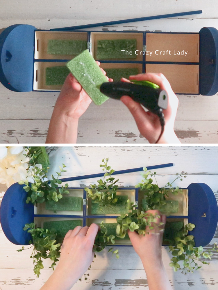 add foam and faux florals inside wood crates