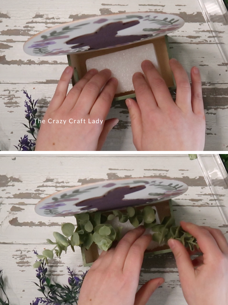 add foam and faux florals to mini wood crate