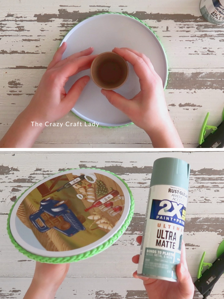 glue clay pot to burner cover and spray paint