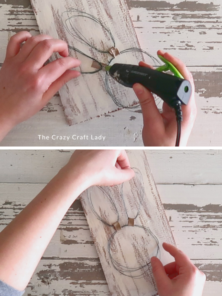 hot glue bunny ears to head using thin ribbon