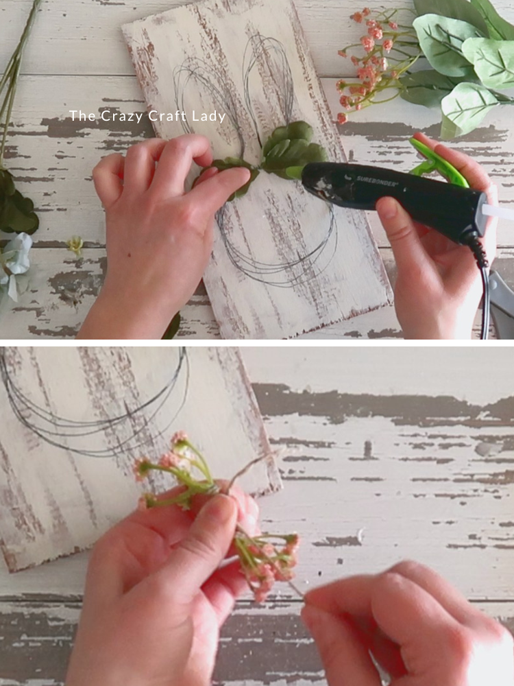 hot glue leaves to bunny head and make a small faux flower bundle