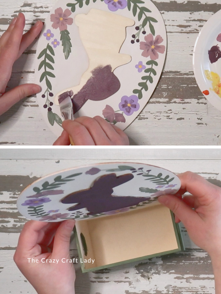 paint bunny plum and hot glue egg cutout to mini wood crate