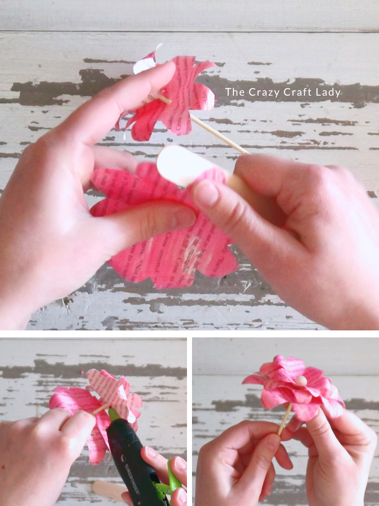 curl paper flower petals and assemble 3 layers