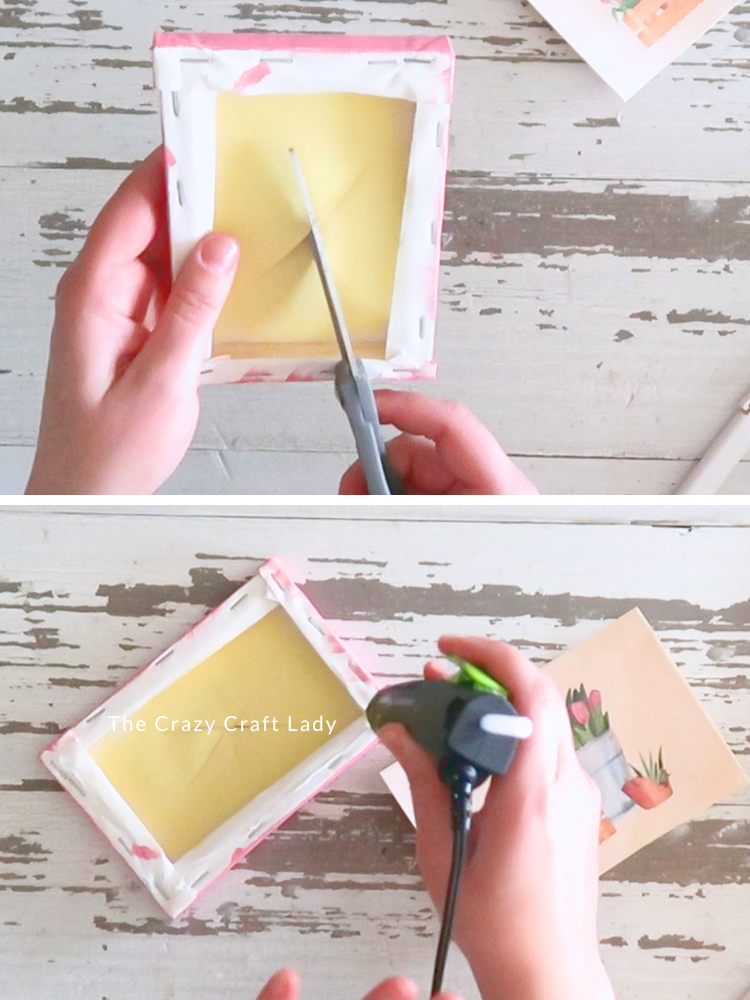 cut slits in canvas and add hot glue