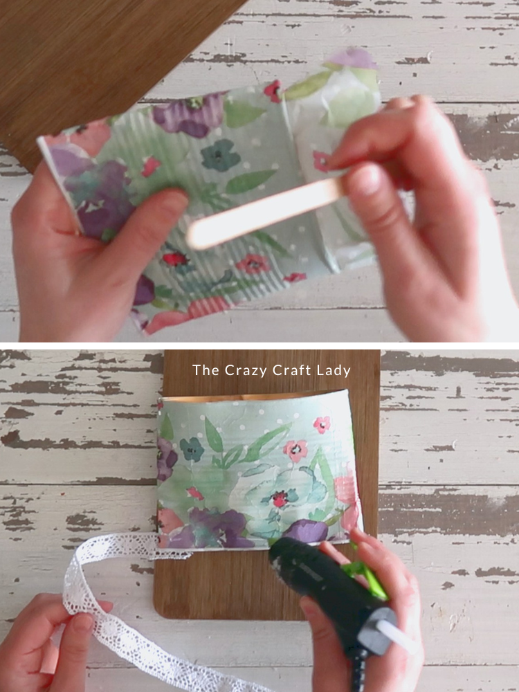 file away excess paper napkin and hot glue lace ribbon