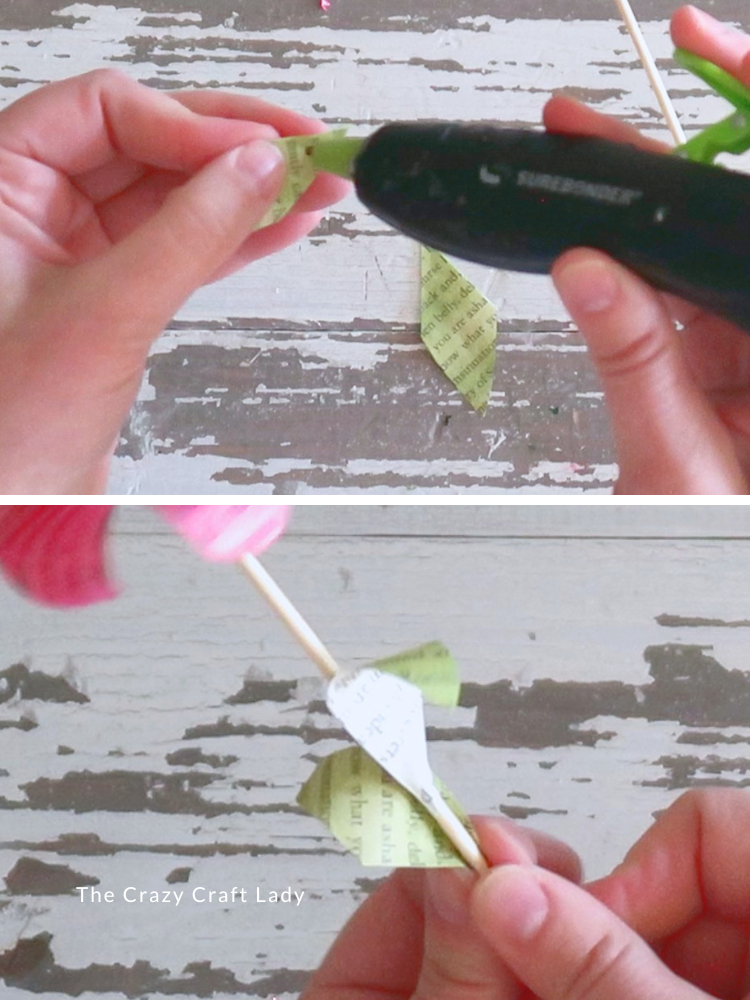 fold and glue paper leaves to skewer stem