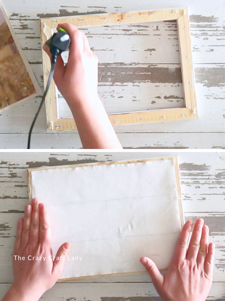 hot glue canvas piece to the back of wood frame