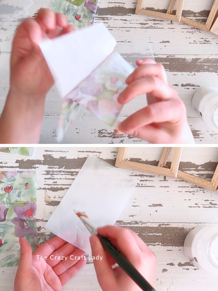 separate napkin layers and add mod podge to cutting mat piece