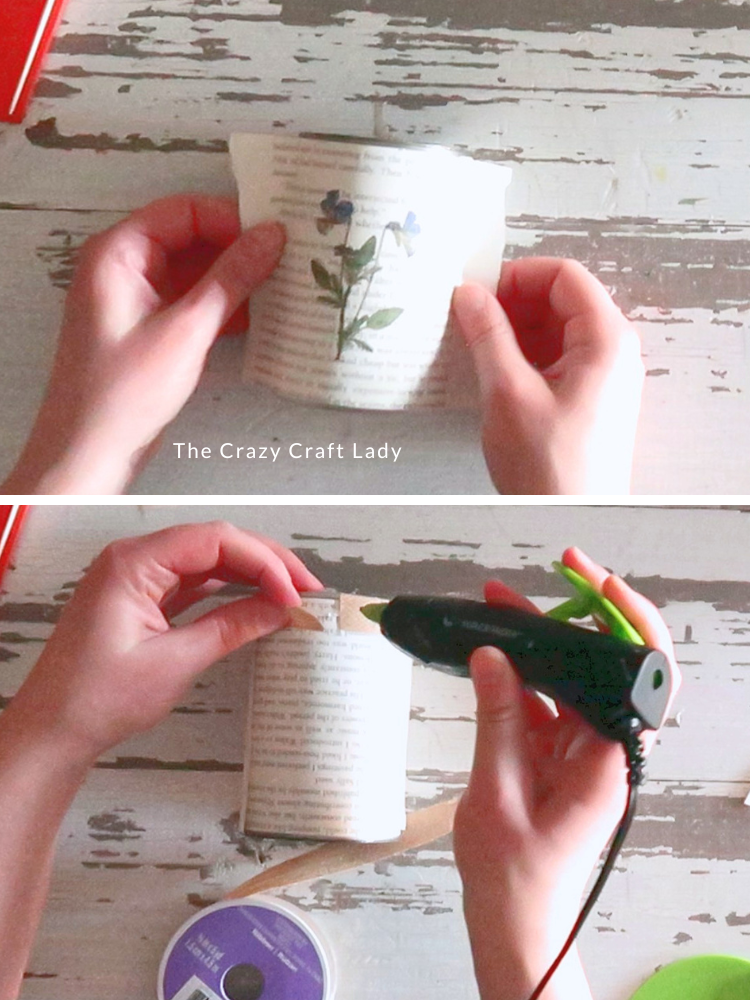 tape book page to tin can and hot glue down ribbon