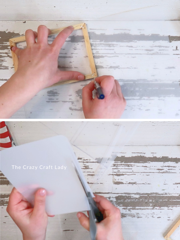 cut plastic chopping mat to size of wood frame