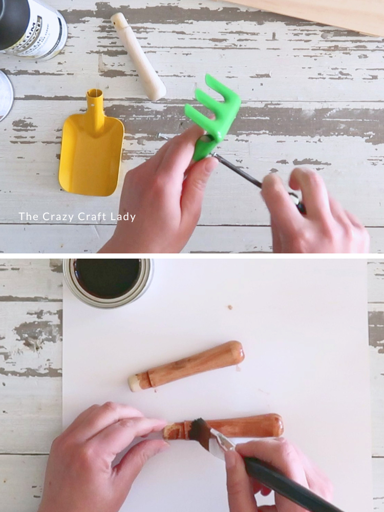 disassemble hand tools and stain wood handle
