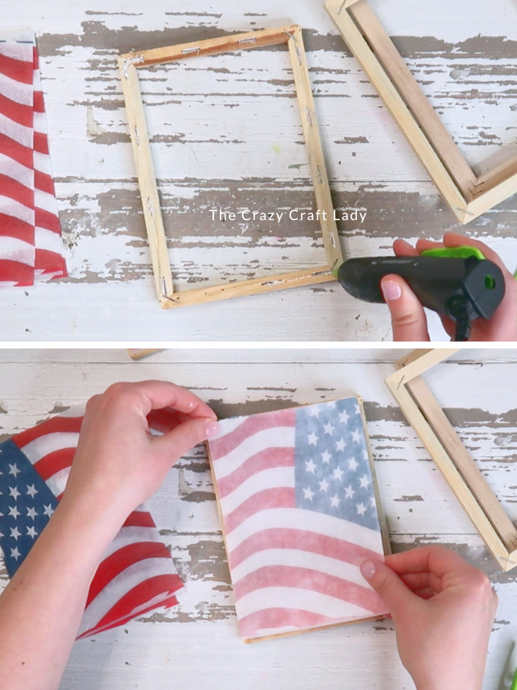 hot glue decoupaged plastic rectangle to back of wood frame