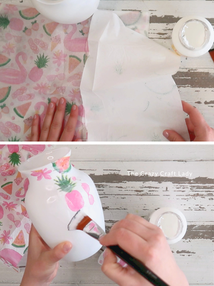 separate napkin layers and apply Mod Podge to vase.