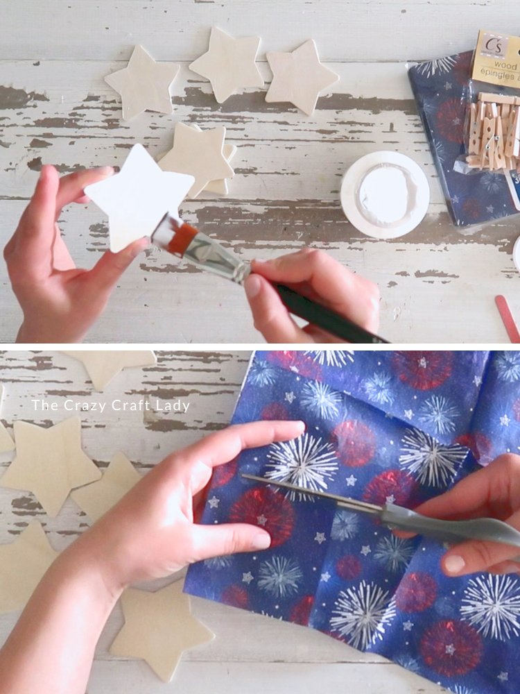 add mod podge to wood star cutouts and cut paper napkin