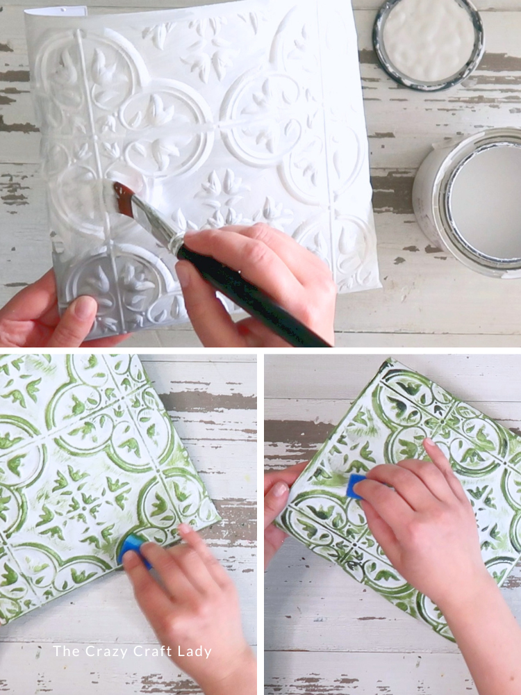 paint tin tile pocket white and distress with green