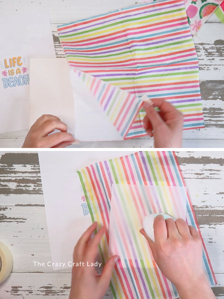 separate napkin layers and heat press to front of canvas