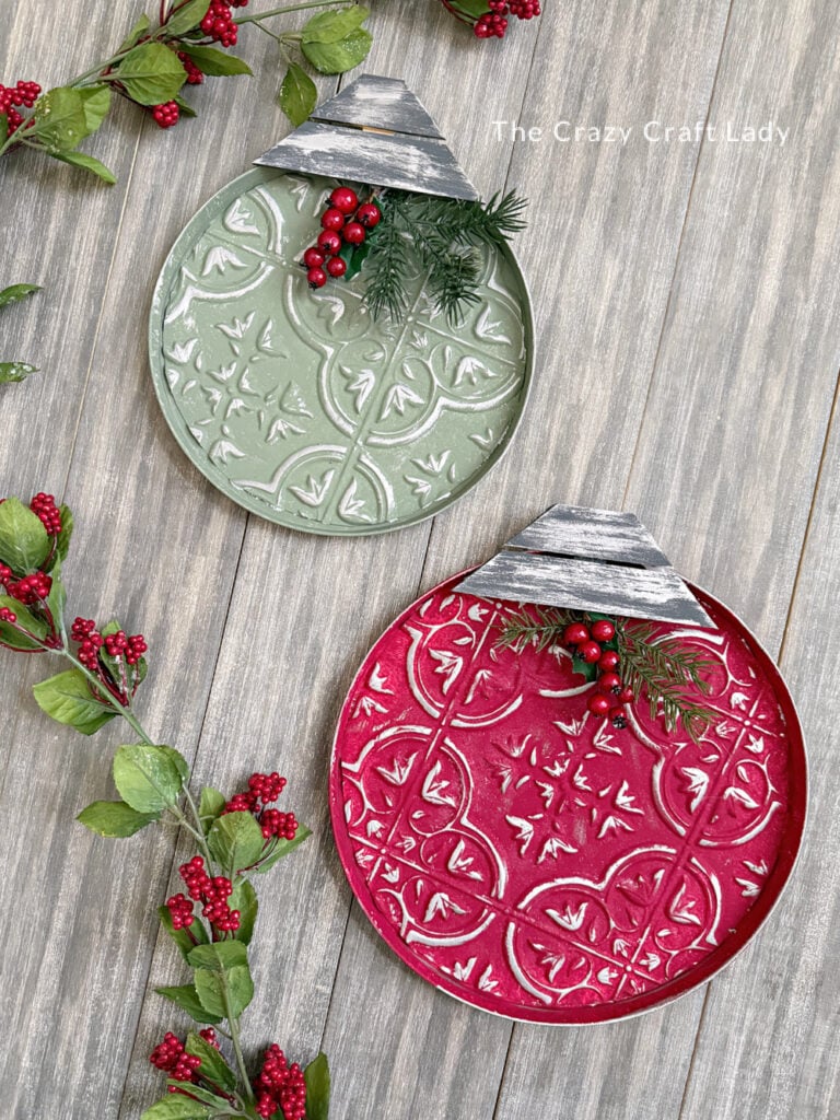 DIY Jumbo Tin Tile Green and White Christmas Ornaments