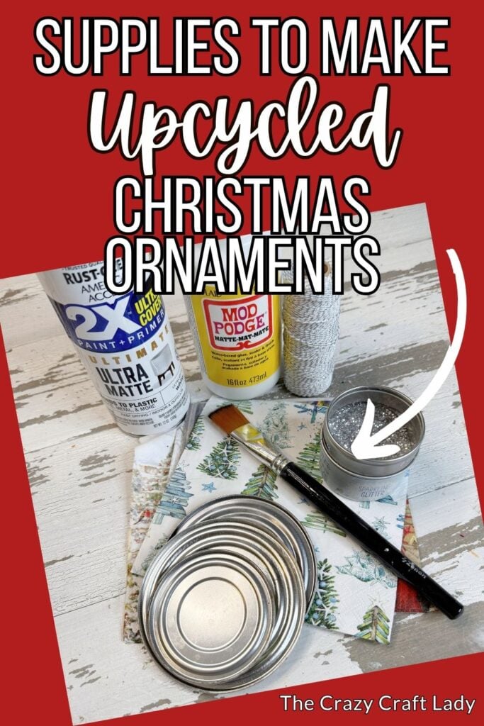 Supplies to make upcycled tin can lid Christmas ornaments