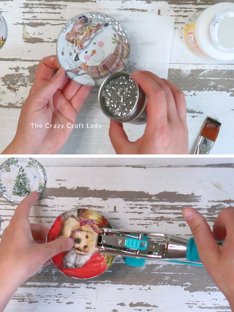 add glitter around ornament edges and punch hole in top