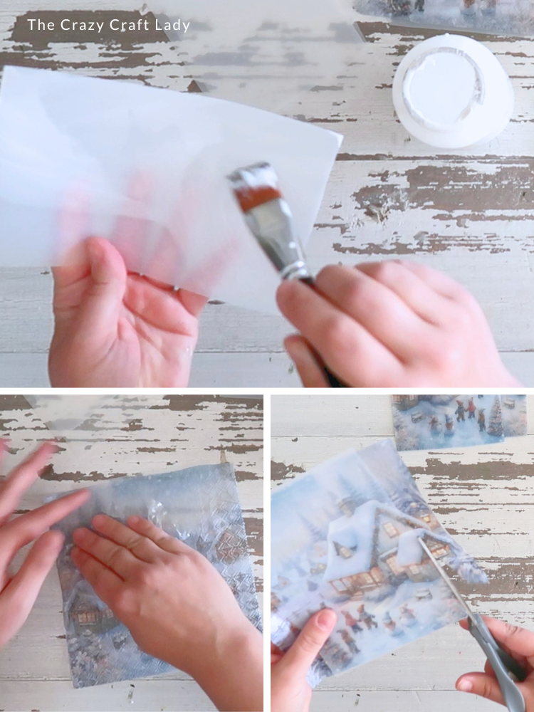 apply Mod Podge to plastic and smooth down napkin