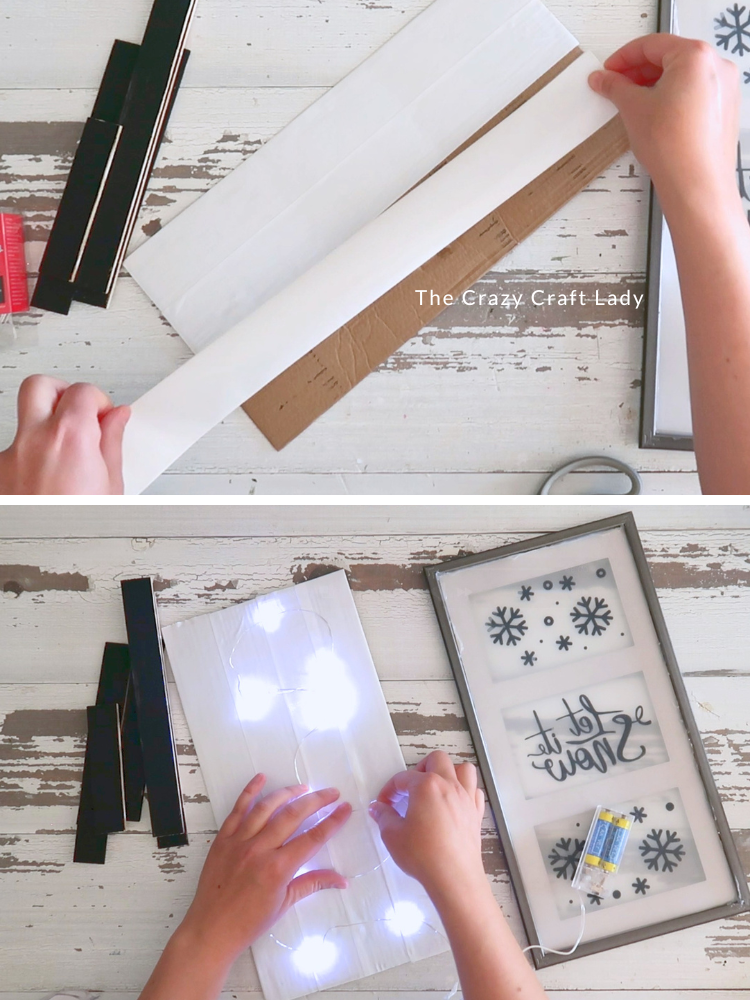 cover frame backer with white tape and add fairy lights