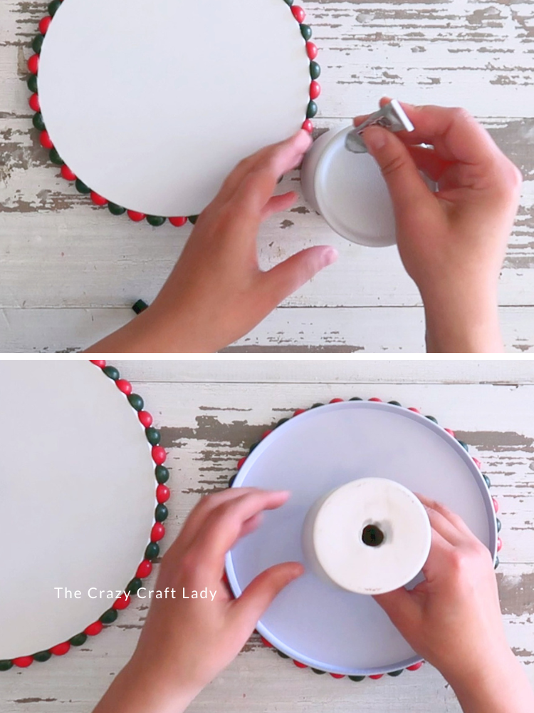 glue candle stick holder to top layer of bobbin edge tray
