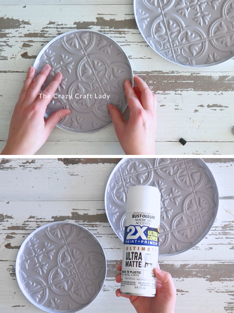 glue tin tile pieces into burner cover ans spray prime white