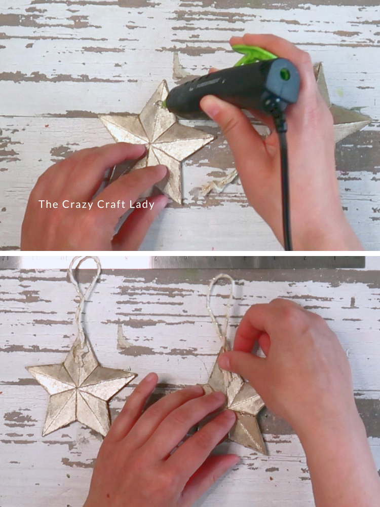 hot glue twine hanger to back of star ornament