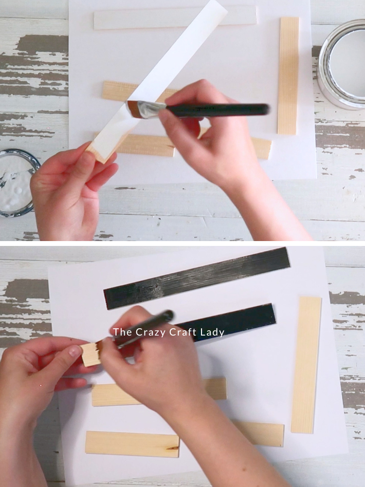 paint wood stick pieces white on one side and black on another side