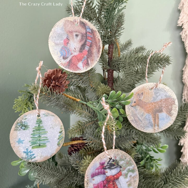plastic circle and napkin decoupage Christmas ornaments