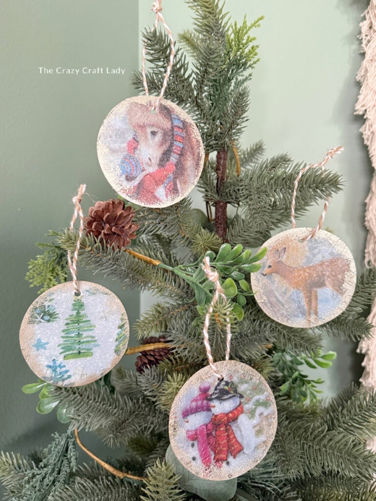 plastic circle and napkin decoupage Christmas ornaments