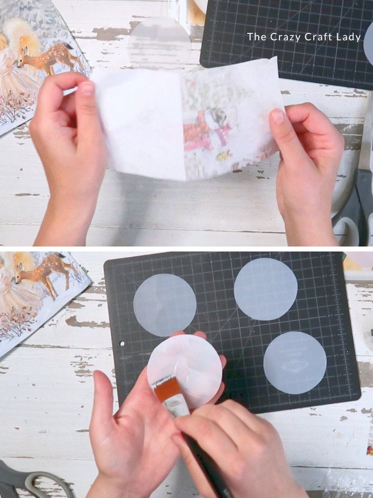 separate paper napkin layers and apply Mod Podge to plastic circle