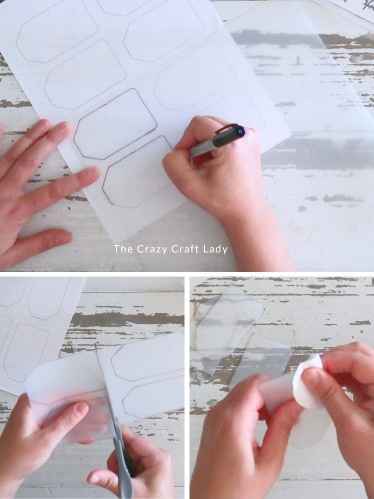 trace gift tag template onto plastic chopping mat and cut out