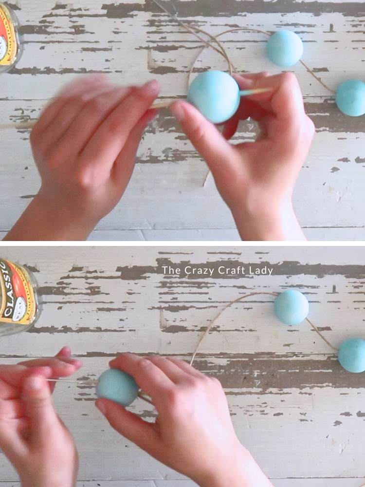 twist ping pong ball off skewer and string up on twine