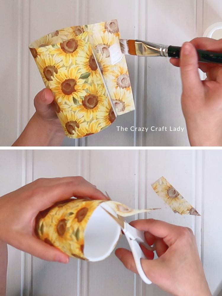 Mod Podge fabric end and trim excess fabric at candle top