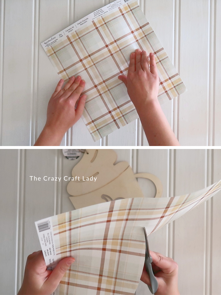 Smooth plaid scrapbook paper over mug and cut to match curve of mug top