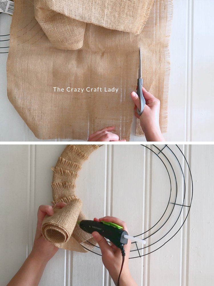 cut burlap strips and wrap wire wreath form