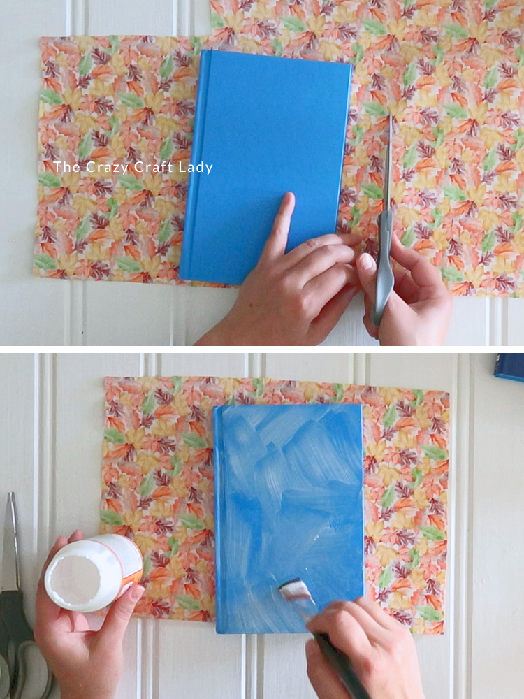 cut fabric and apply Mod Podge to book cover