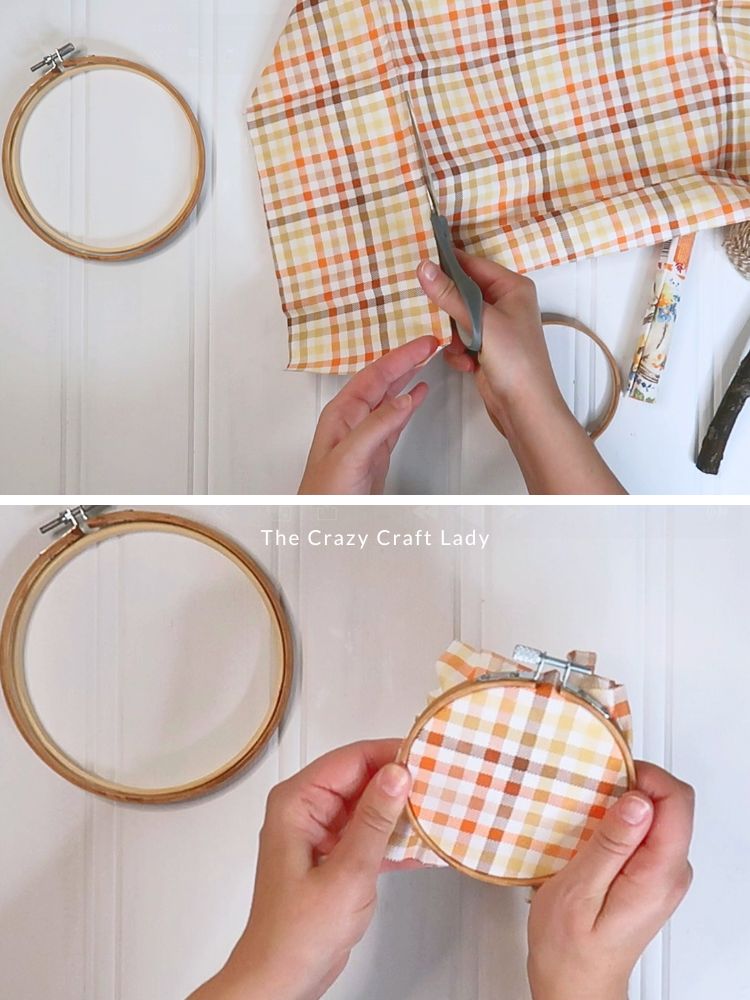 cut fall fabric and insert into embroidery hoop