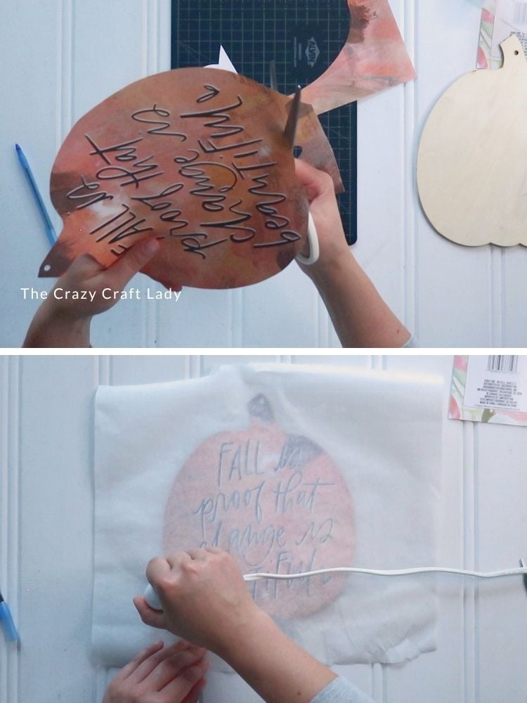 cut out calendar page and heat press to wood pumpkin