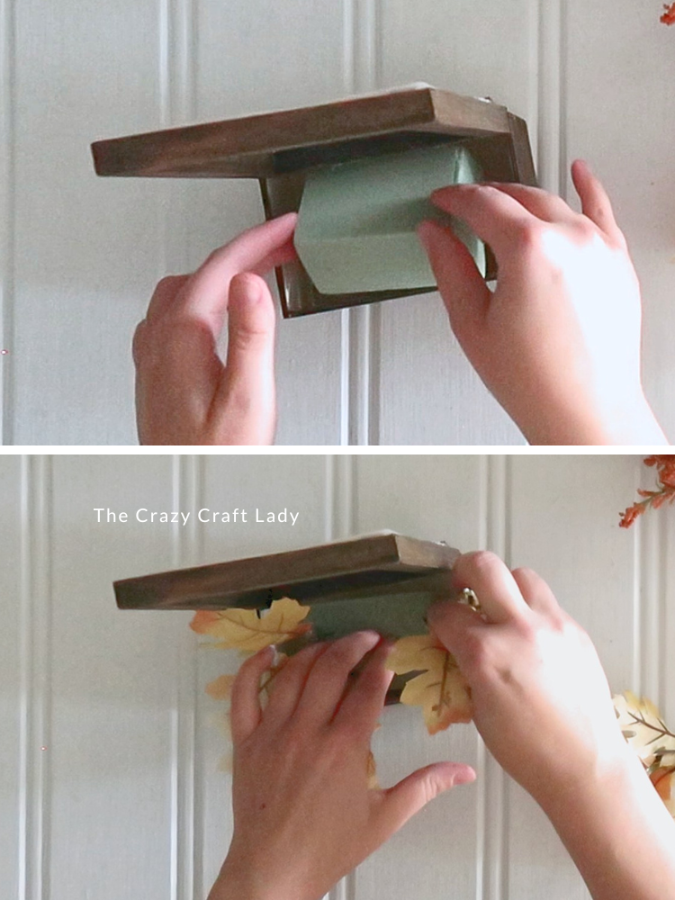 fill mini wood crate with foam and faux leaves