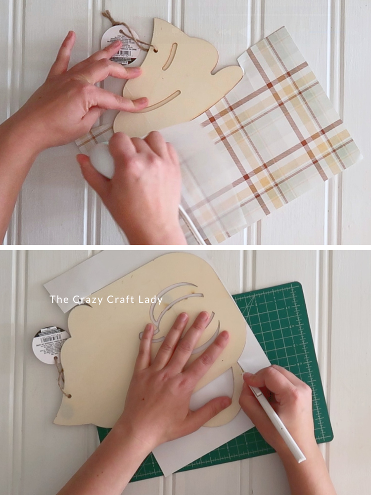 heat press plaid scrapbook paper to wood mug cut out and cut away excess paper